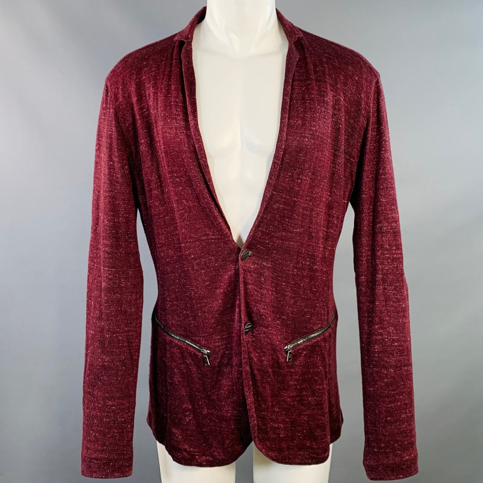 John Varvatos Size M Burgundy Linen Cotton Metallic Notch Lapel Cardigan